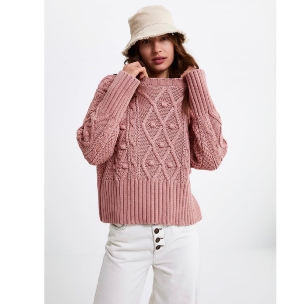 Zara Pink Pompom Argyle Chunky Cable Knit Oversized Sweater